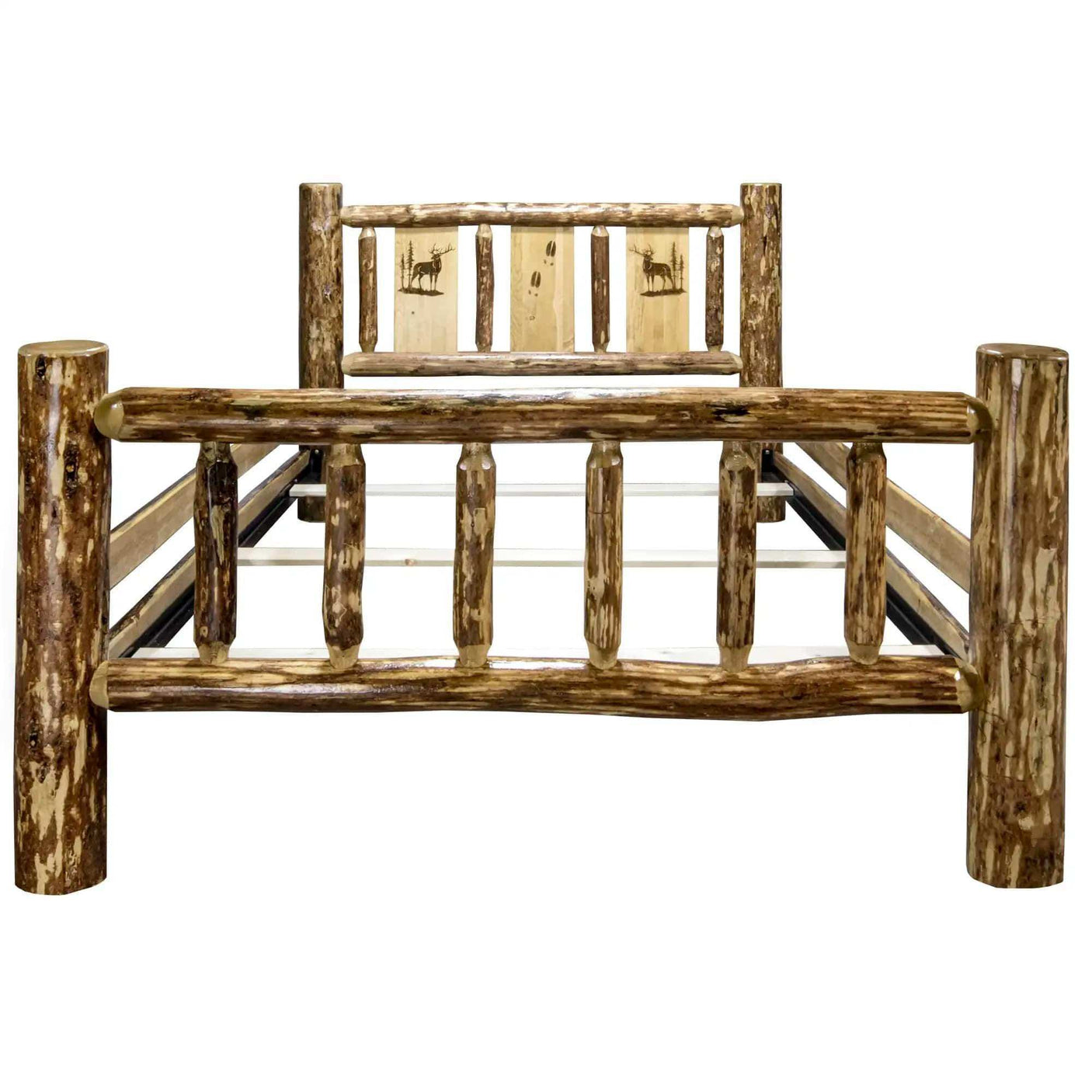 Rustic log queen bed frame with laser engraved wildlife on headboard, bedroom furniture