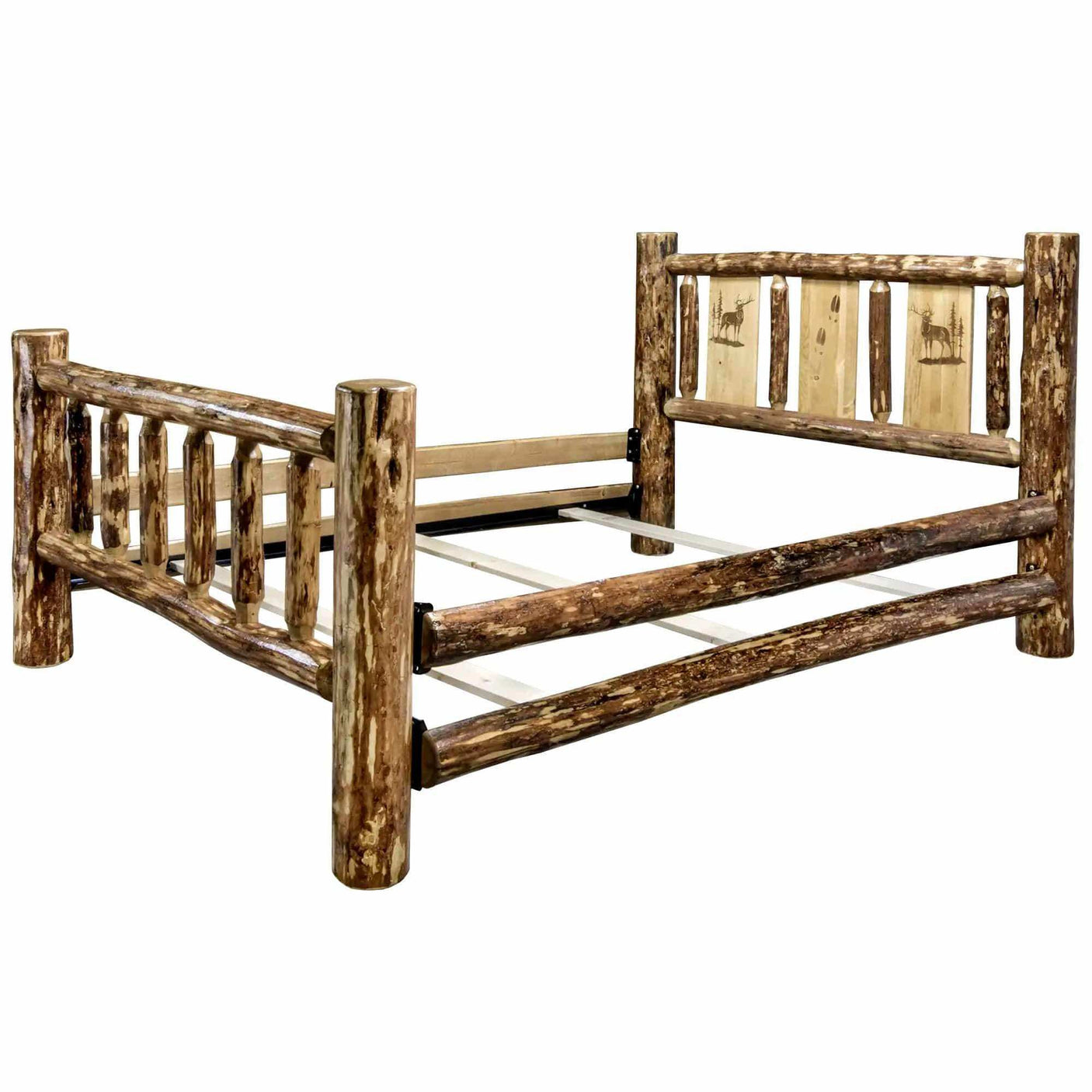 Rustic queen log bed with laser engraved wildlife design, Glacier Country Collection
