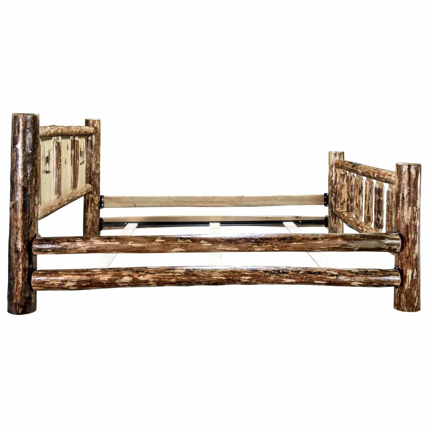 Rustic log queen bed frame with laser engraved headboard, Glacier Country Collection