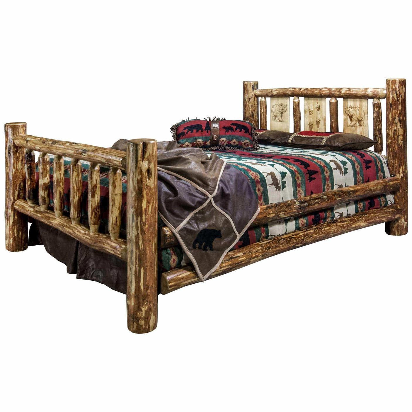 Rustic log queen bed with laser-engraved wildlife design and patterned bedding