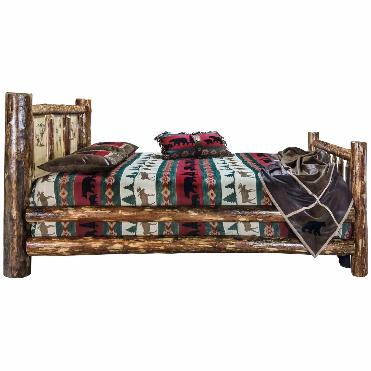 Rustic log queen bed with wildlife print bedding and laser-engraved headboard, cabin style