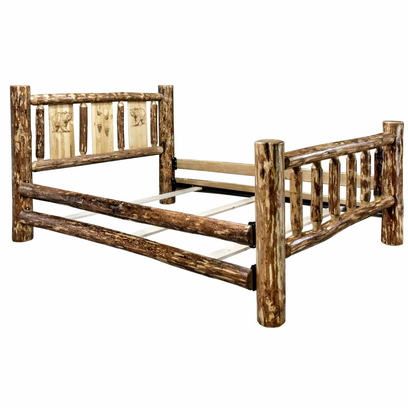 Rustic queen bed frame with log posts and laser-engraved bear designs on headboard