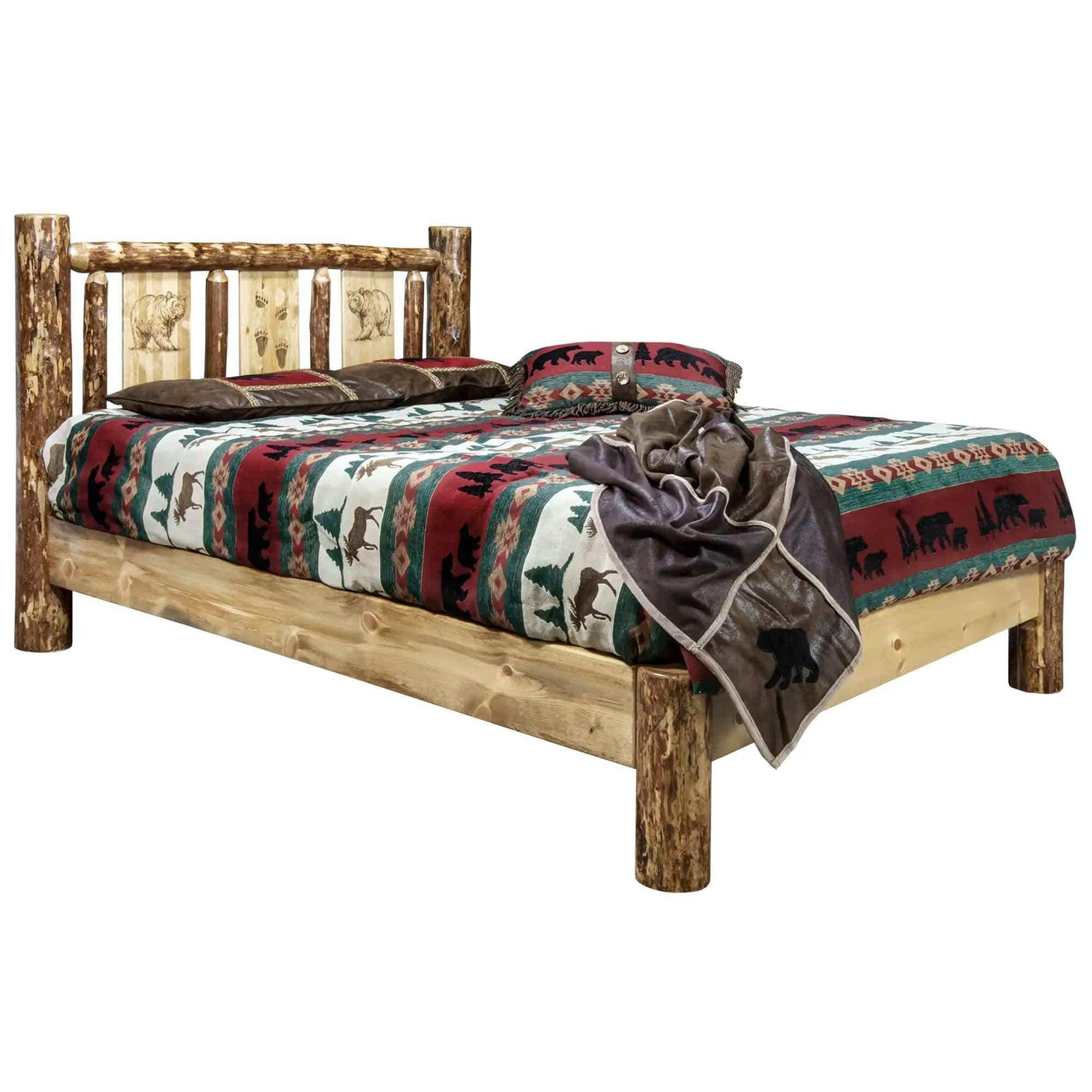 Rustic queen platform bed with log frame and laser-engraved bear headboard
