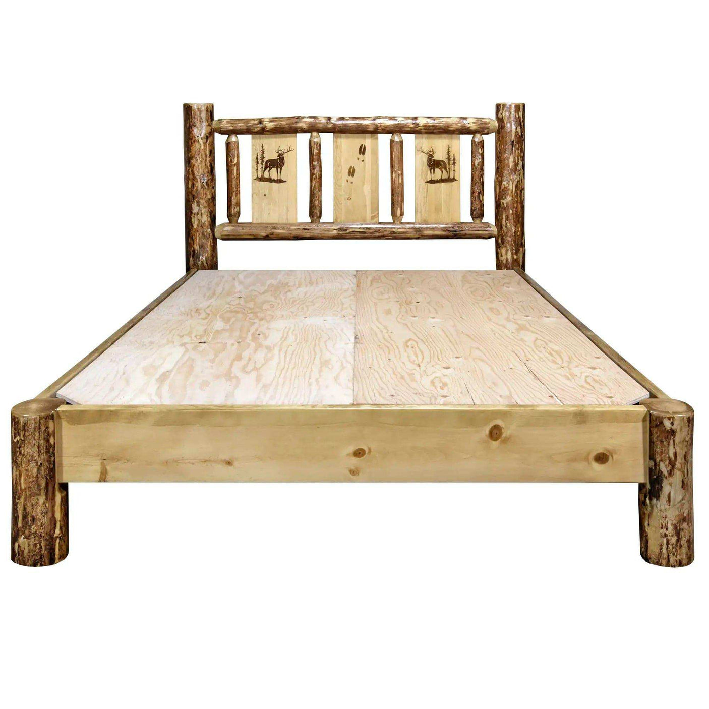 Queen platform bed with rustic log frame and laser engraved wildlife headboard