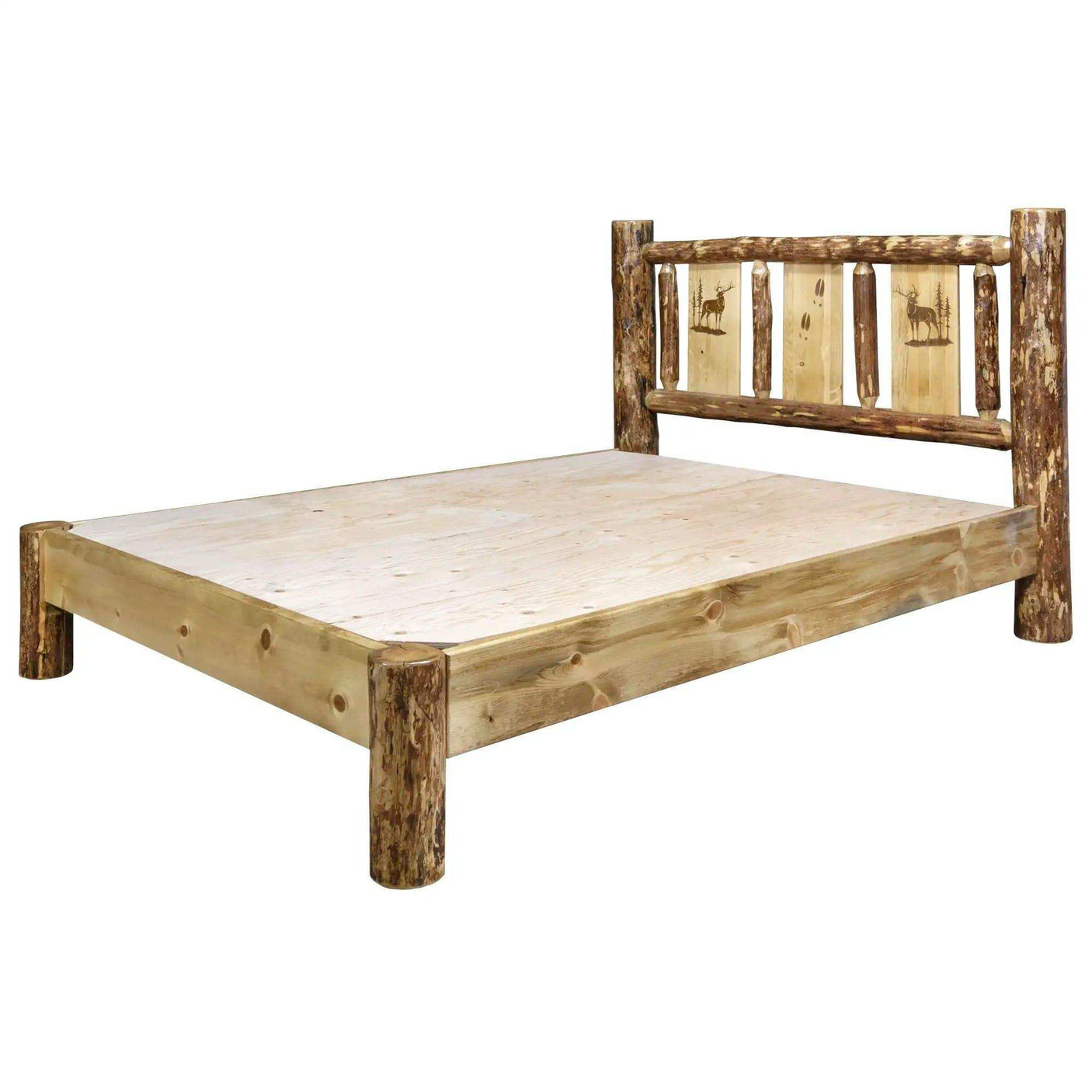 Rustic queen platform bed with log frame and laser-engraved wildlife design on headboard