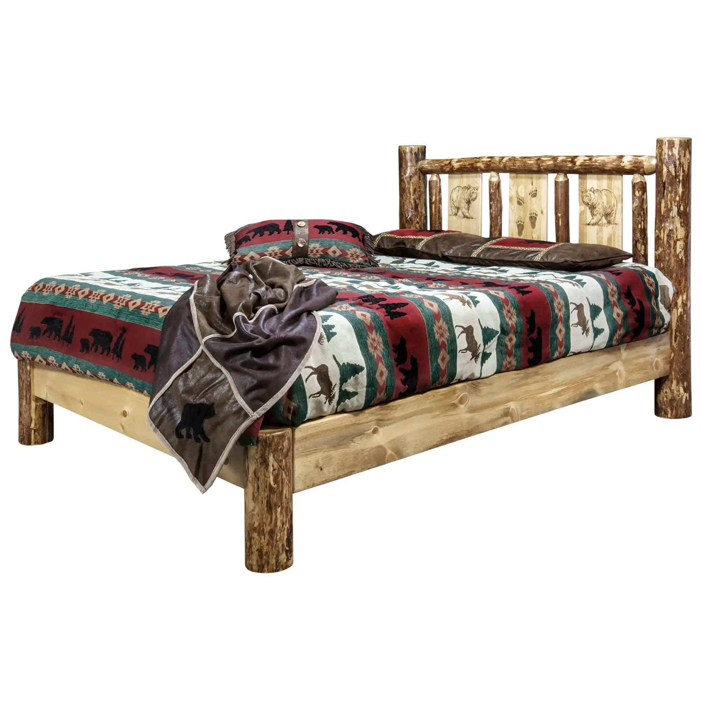 Rustic queen platform bed with natural wood frame and laser-engraved wildlife headboard.