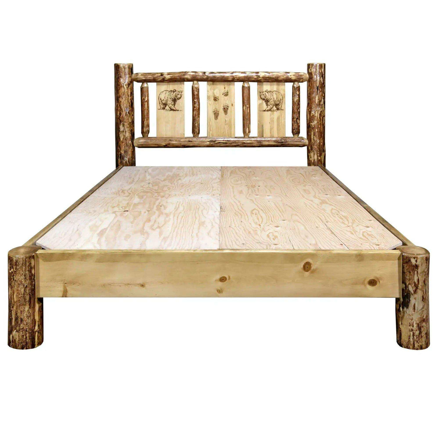 Rustic queen platform bed with laser engraved bear design and natural wood finish