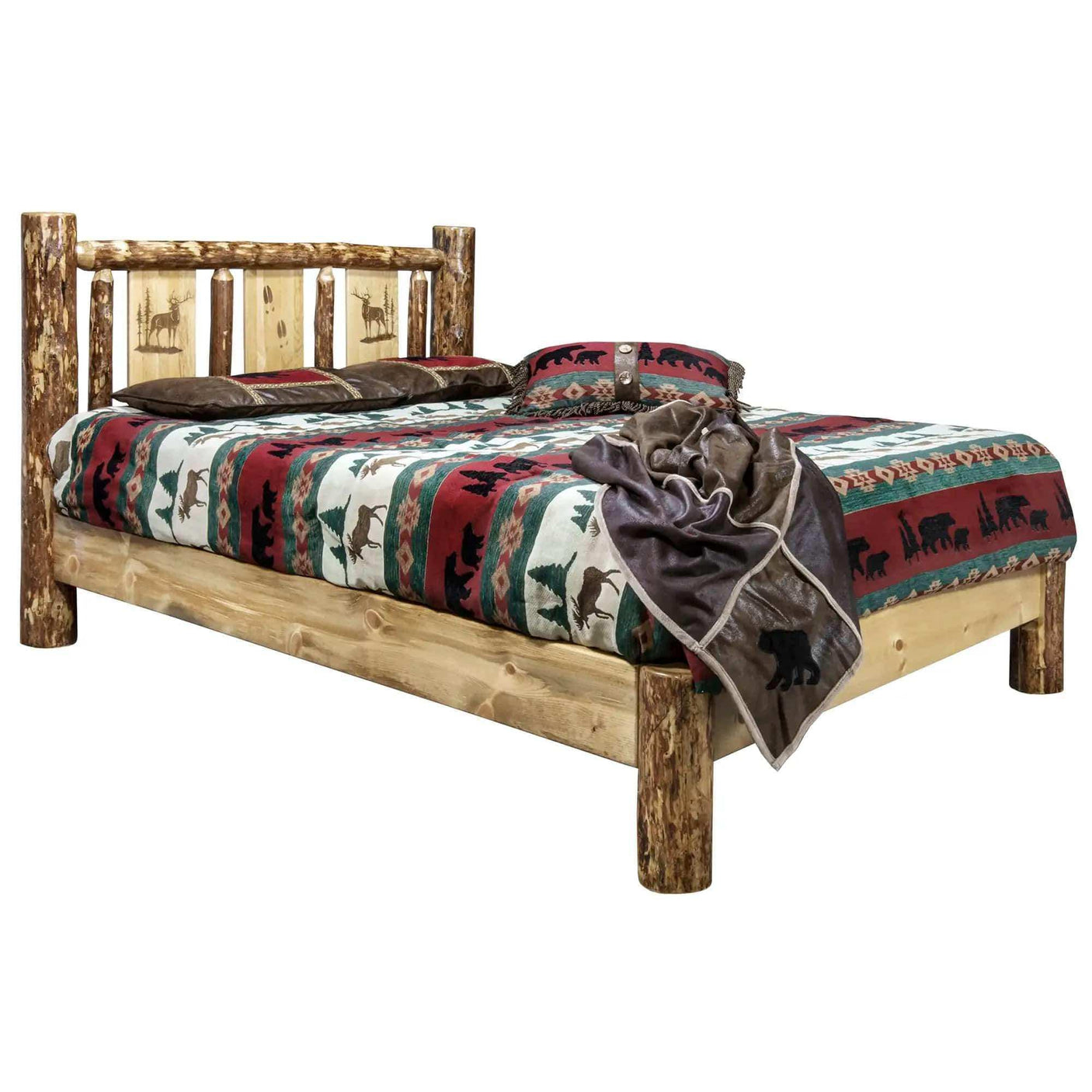 Rustic queen platform bed with laser engraved wildlife headboard and lodge style linens