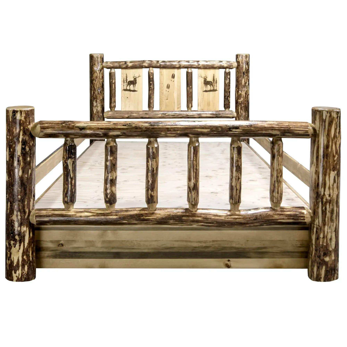 Rustic queen storage bed with log frame and laser-engraved deer design on headboard