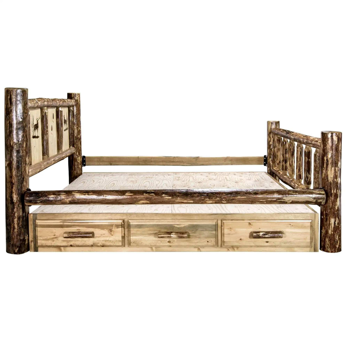 Rustic queen storage bed with log frame, laser-engraved wood panels, and three drawers