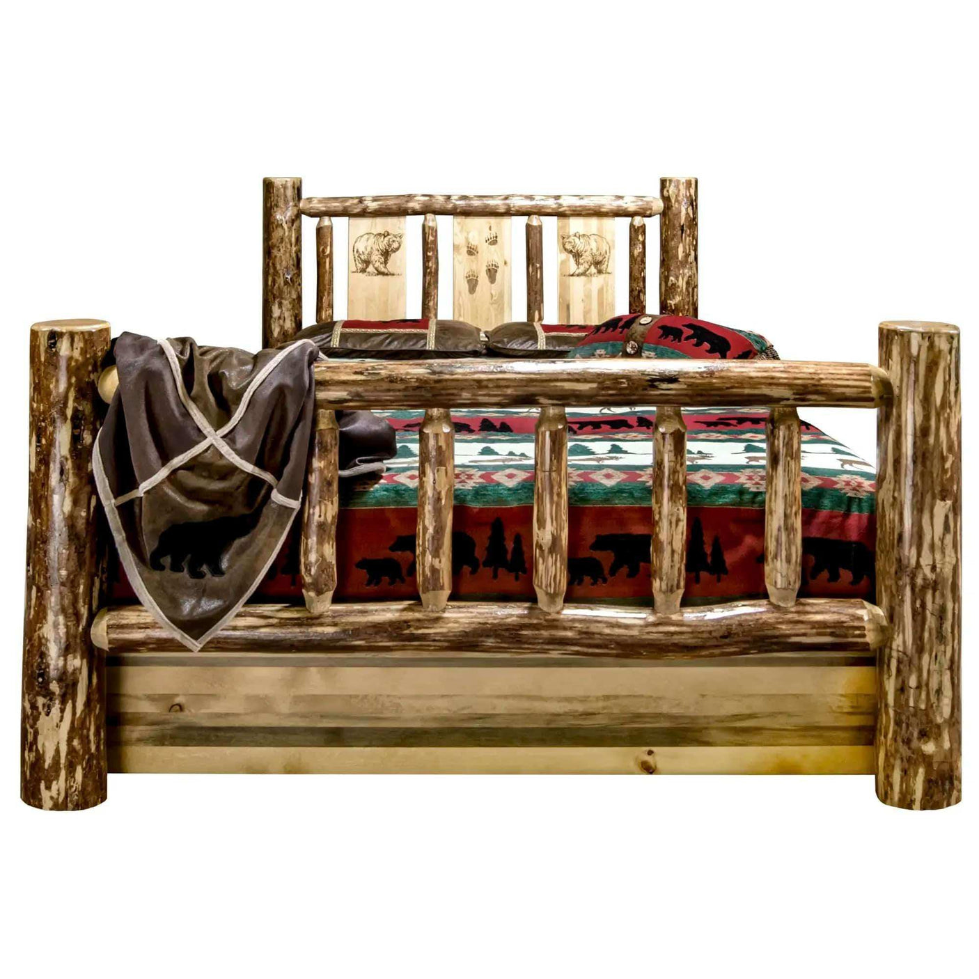 Rustic queen storage bed with log frame, engraved headboard, and bear-patterned bedding