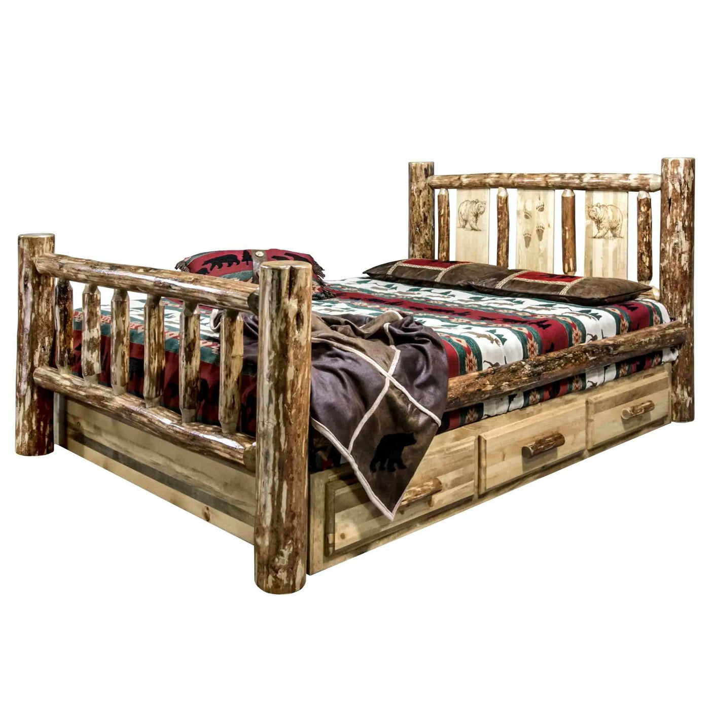 Rustic queen storage bed with log frame, laser engraved headboard, and underbed drawers
