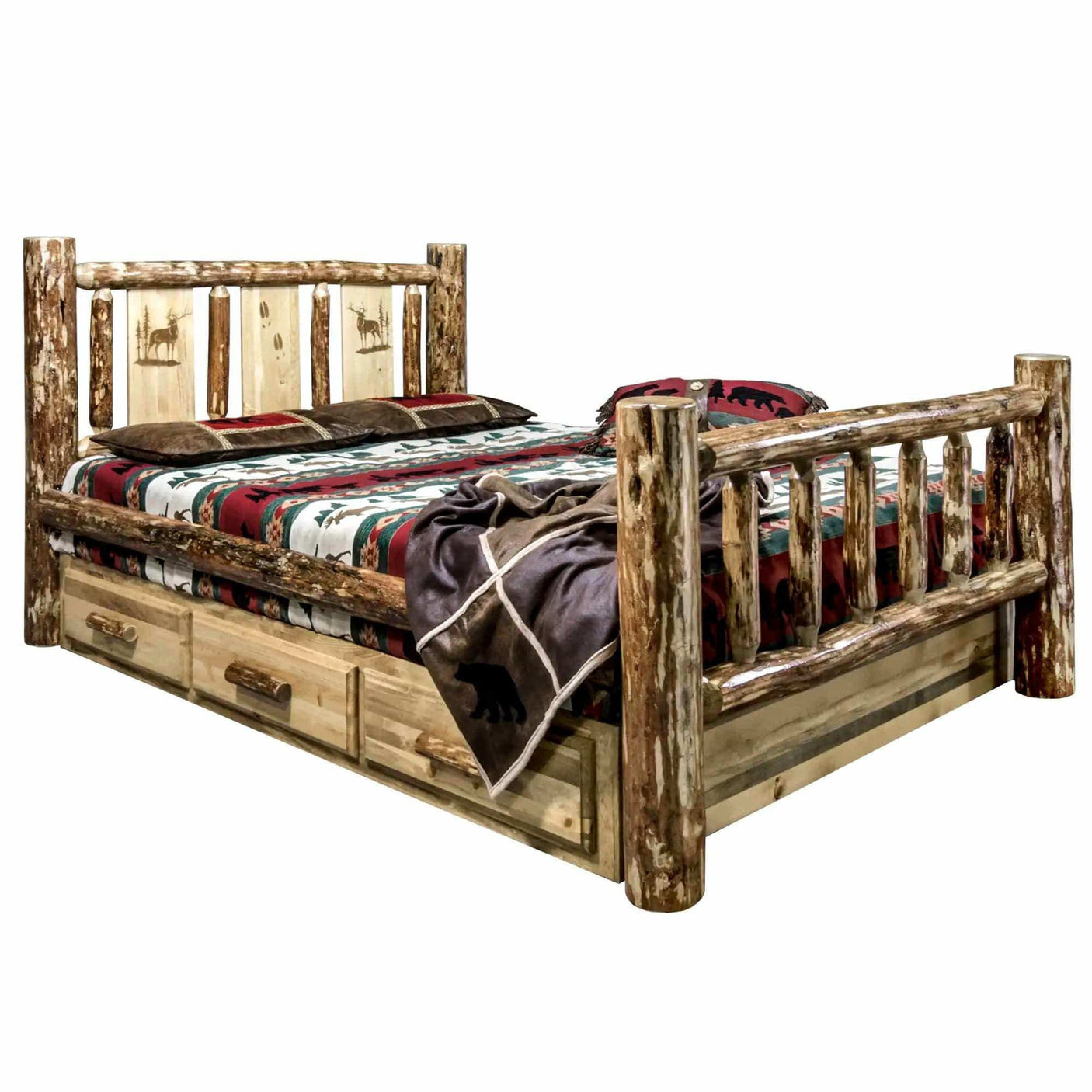 Rustic queen storage bed with log frame, wildlife laser engraving, and pull-out drawers