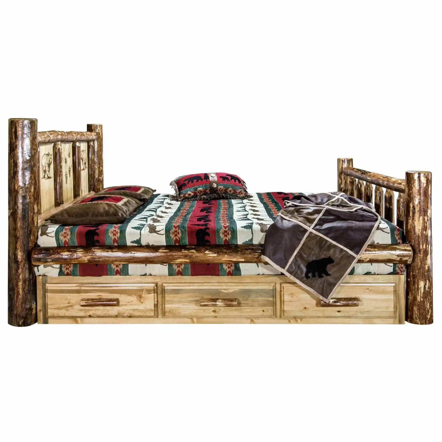 Rustic queen storage bed with log frame, laser engraved headboard, and bear motif bedding.