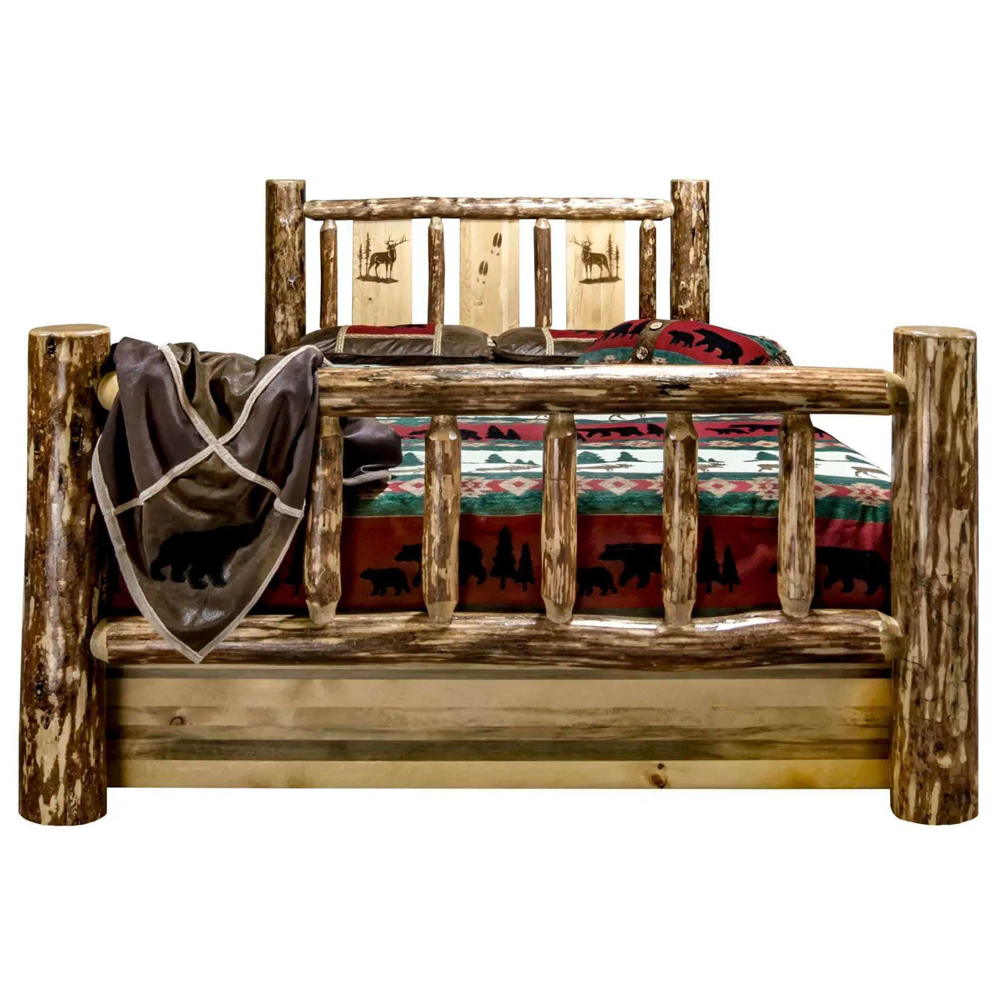 Rustic queen storage bed with laser engraved wood headboard and wildlife bedding