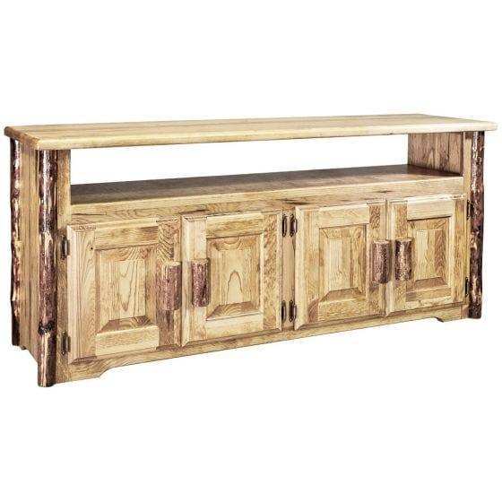 Rustic wooden TV stand with open shelf and four cabinet doors, Glacier Country Collection