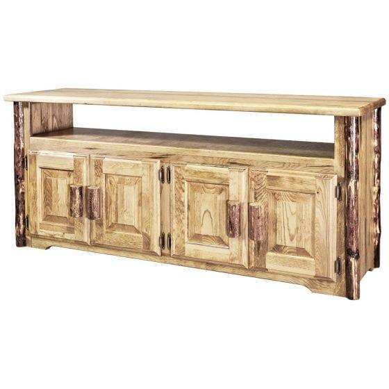 Rustic wooden TV stand with storage cabinets and open shelf, Glacier Country Collection