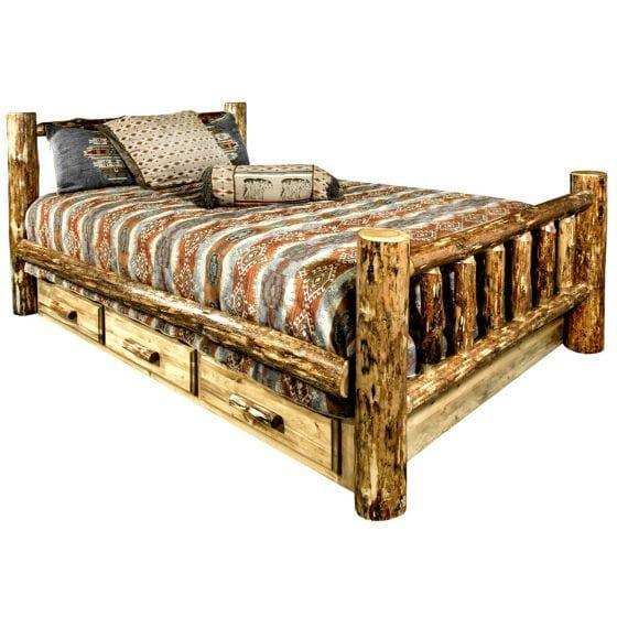Rustic log twin bed with storage drawers and patterned bedding, Glacier Country Collection