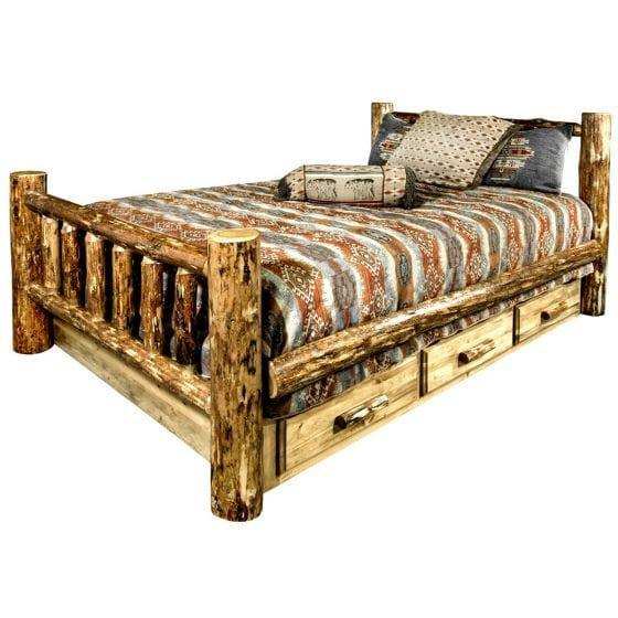 Rustic log twin bed with storage drawers and patterned bedding