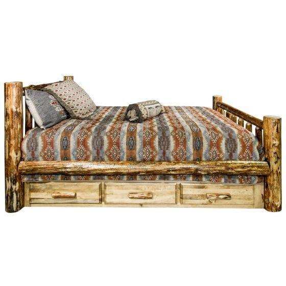Rustic log twin bed with patterned bedding and built-in wooden storage drawers