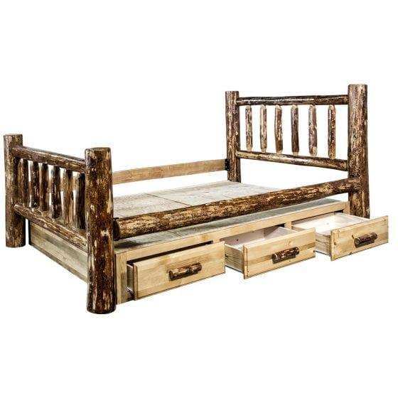 Rustic log twin bed with three storage drawers, Glacier Country collection