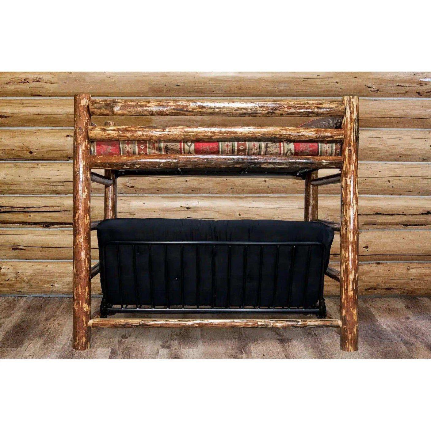 Rustic log twin bunk bed over full futon with mattress in a wood-paneled room