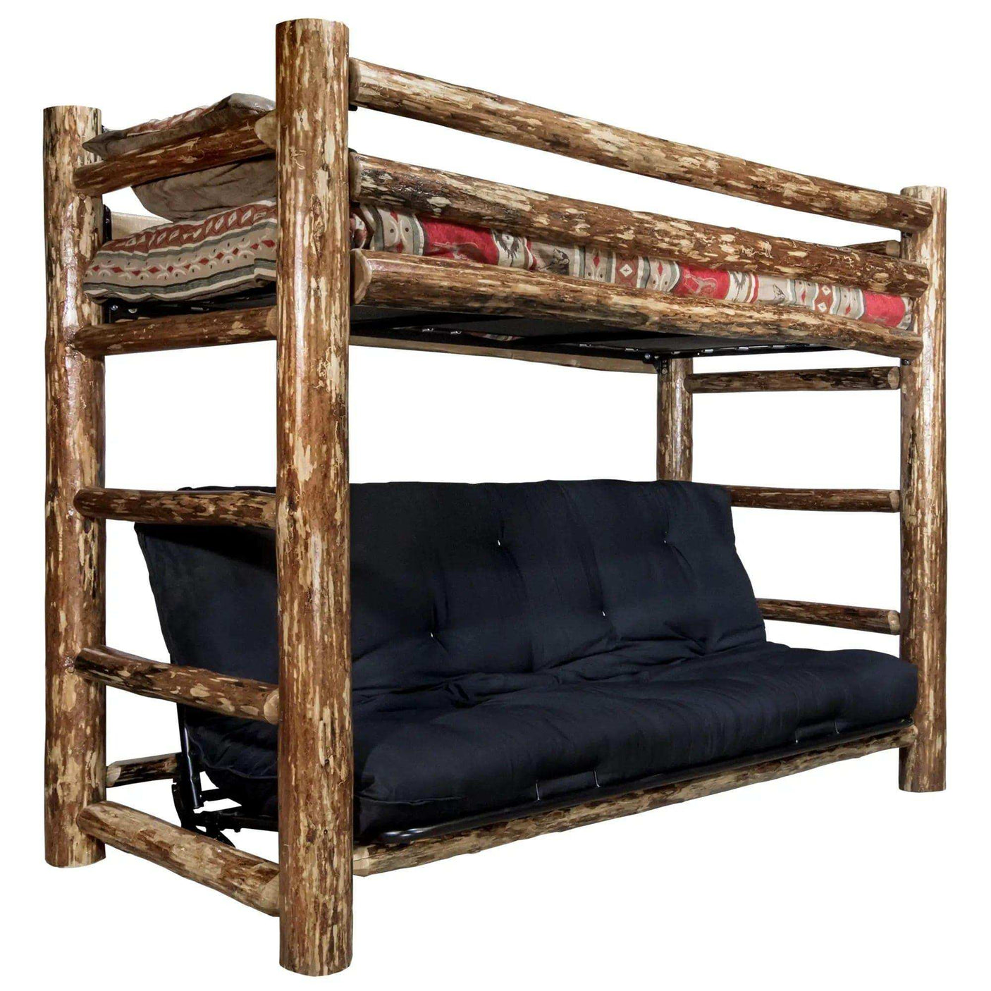Rustic log twin bunk bed over full futon frame with mattress, black and patterned bedding