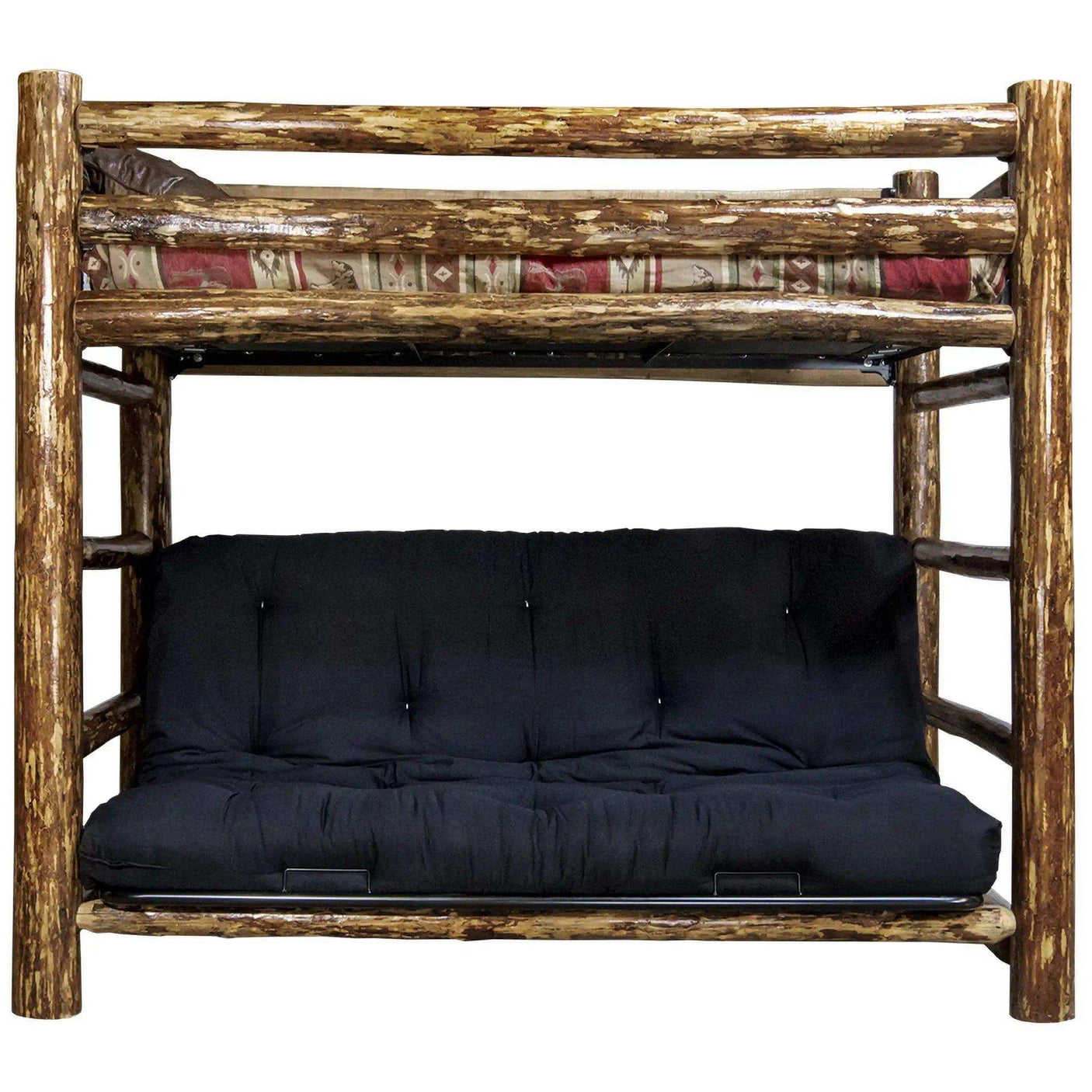 Rustic wood twin bunk bed over full futon frame with black mattress