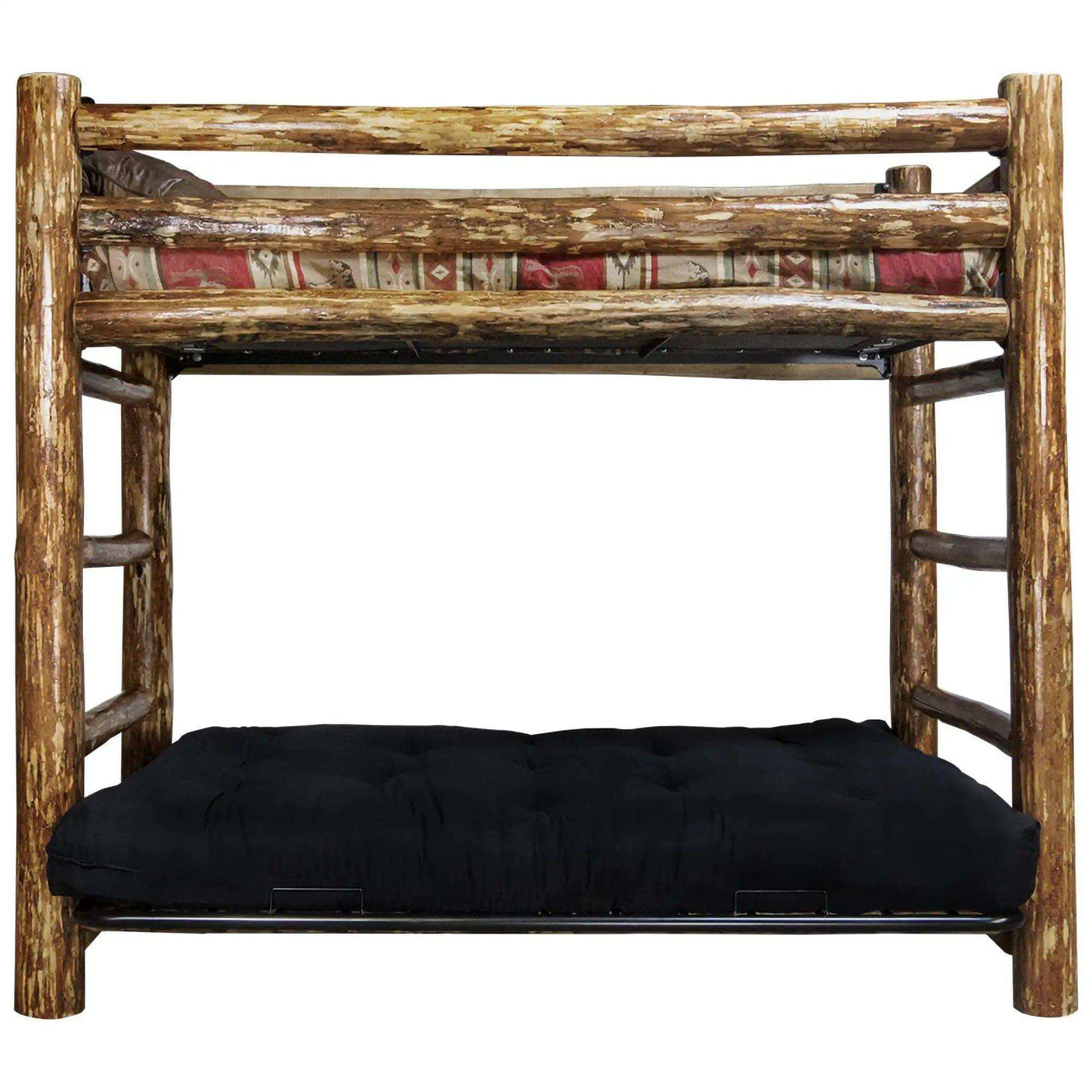 Rustic twin bunk bed over full futon frame with wood finish and black mattress