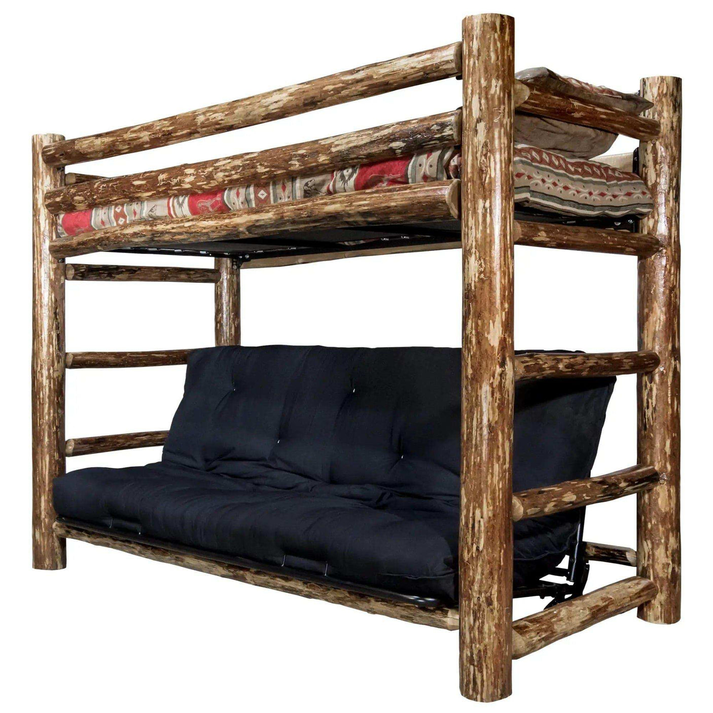Rustic log twin bunk bed over full futon with black mattress and patterned bedding