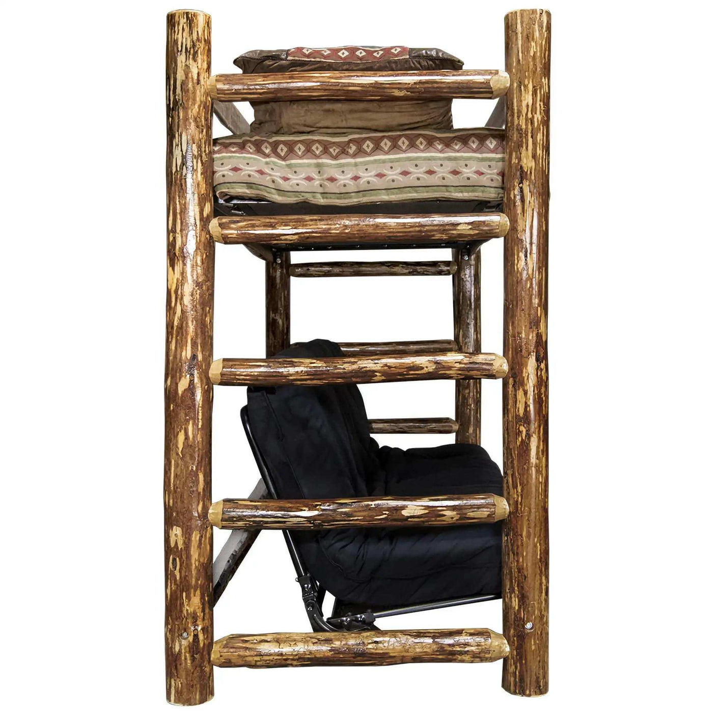 Rustic wood twin bunk bed over full futon frame with patterned bedding and black futon