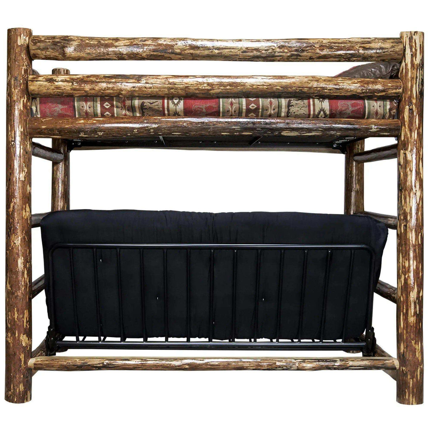 Rustic log twin over full futon bunk bed with patterned bedding and black mattress