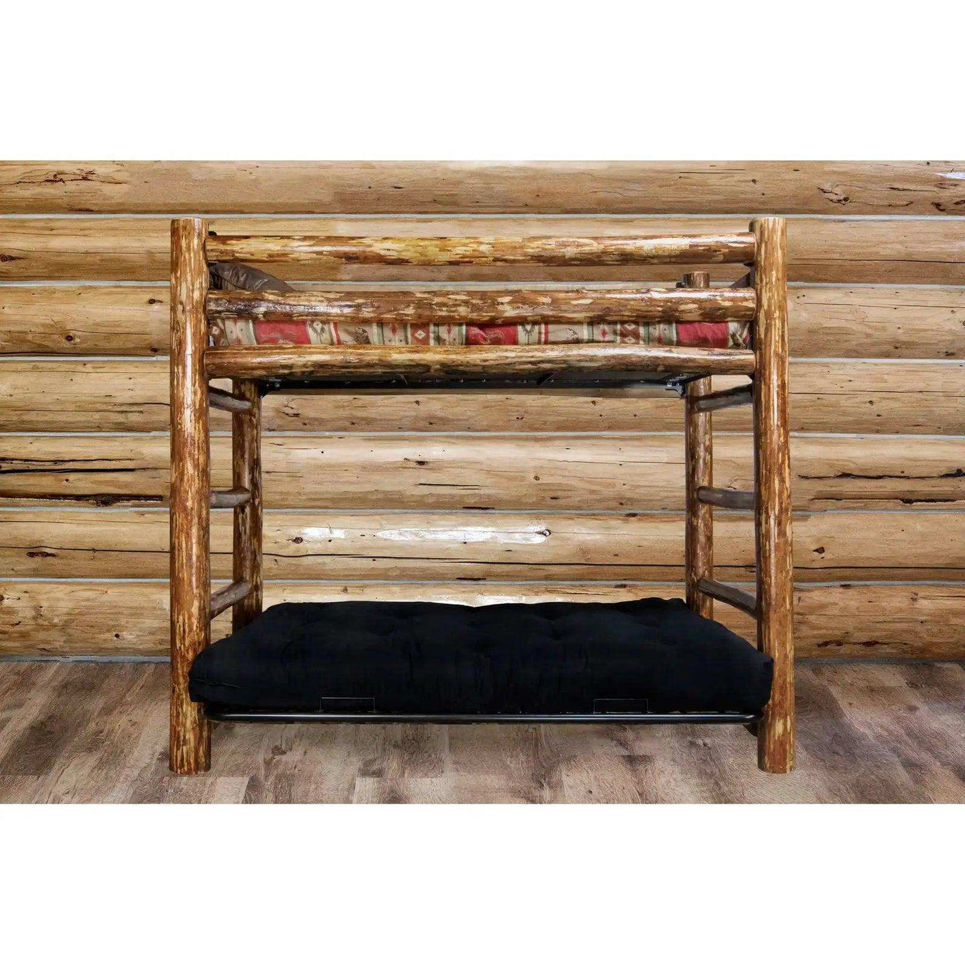 Rustic log twin bunk bed over full futon frame with mattress in log cabin room