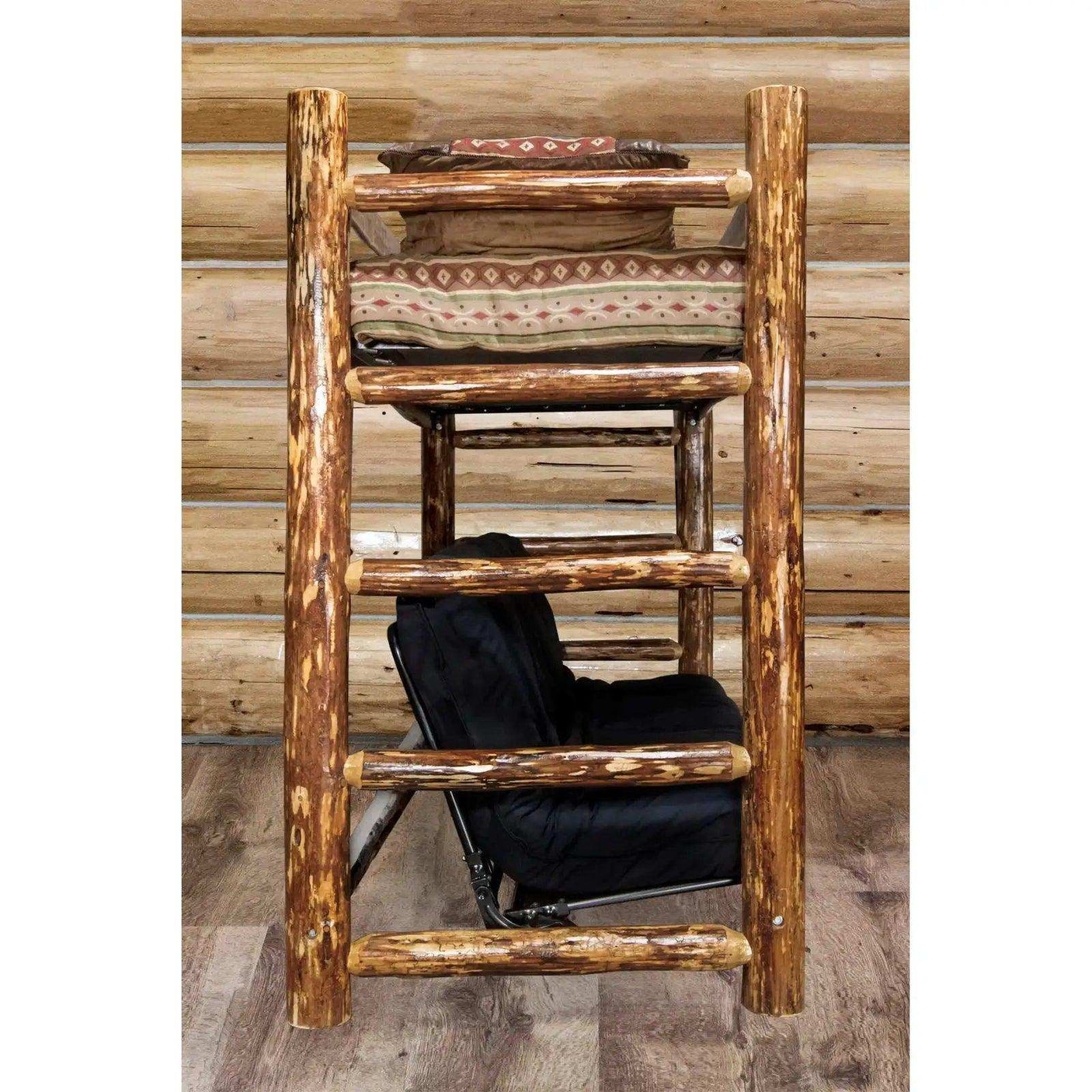 Rustic log twin bunk bed over full futon with wood panel wall and wood flooring