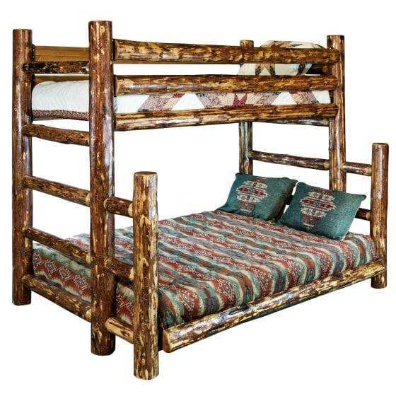 Rustic log twin over full bunk bed with patterned bedding and pillows