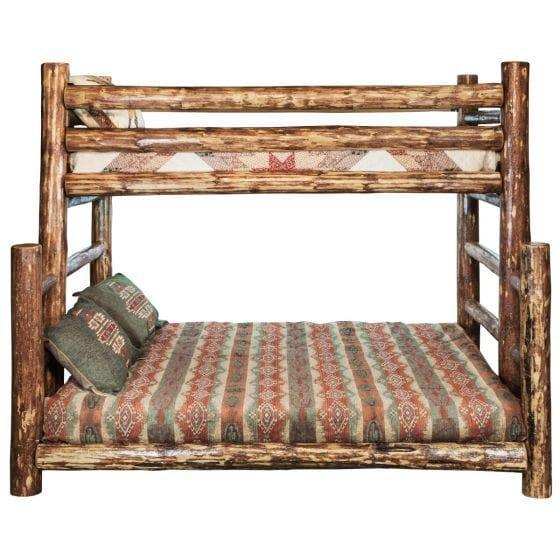 Rustic wooden twin over full bunk bed with patterned bedding and log frame