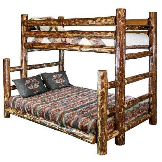 Rustic log twin over full bunk bed with patterned bedding and pillows