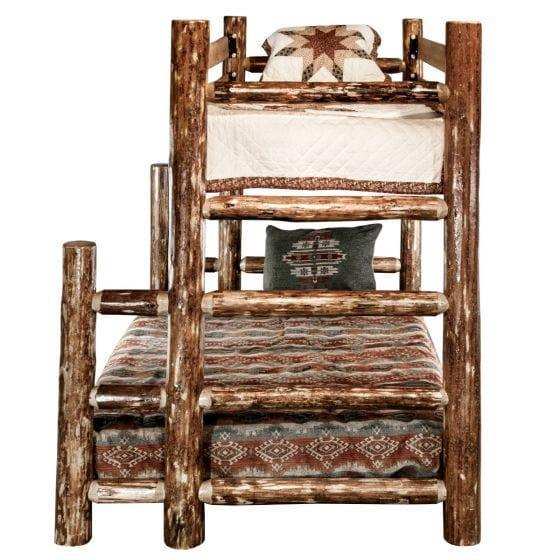Rustic log twin over full bunk bed with patterned bedding and accent pillow