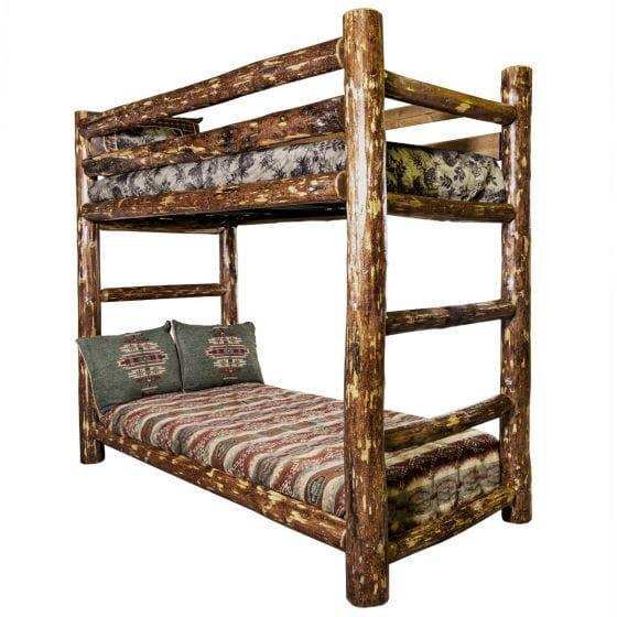 Rustic log twin over twin bunk bed with patterned bedding and decorative pillows