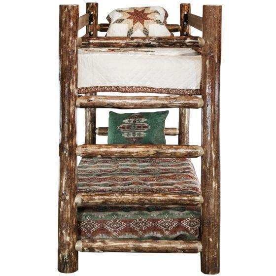 Rustic wood twin over twin bunk bed with patterned bedding, Glacier Country Collection