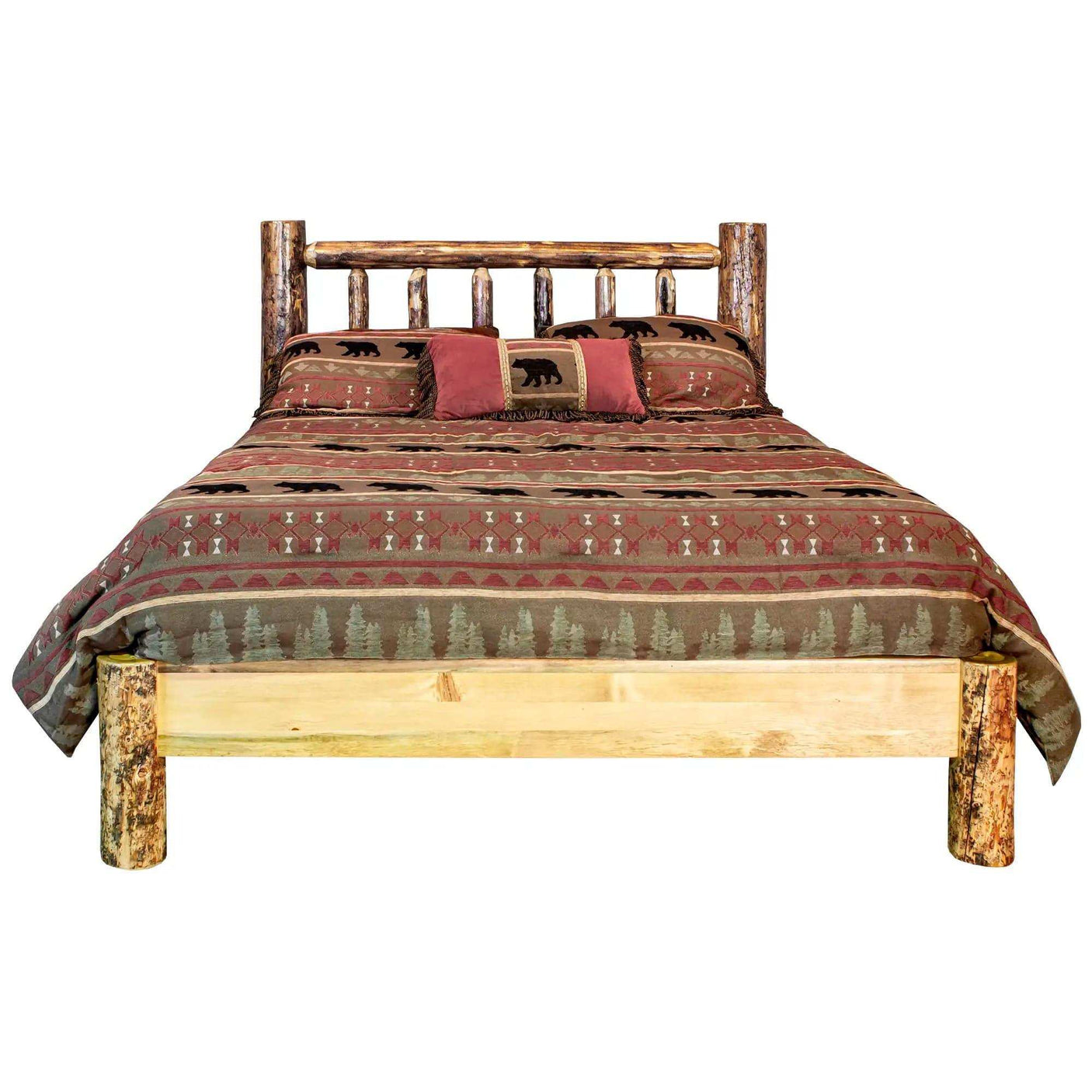 Rustic twin platform bed with natural log frame and bear-patterned bedding