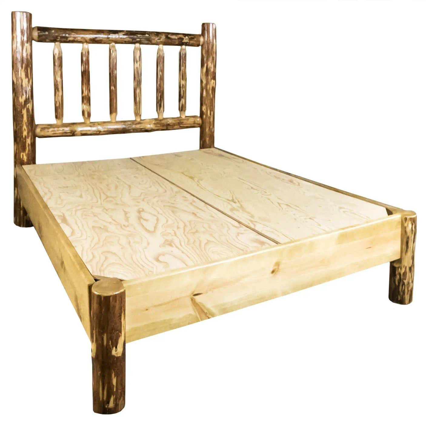 Rustic twin platform bed with natural wood frame and log headboard, Glacier Country collection