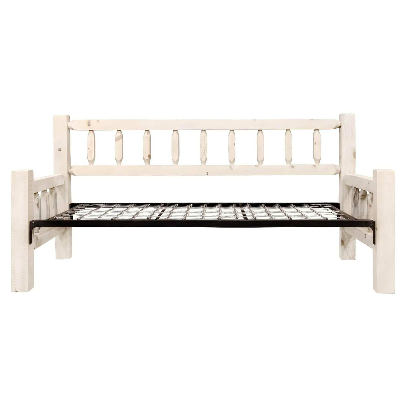 Homestead Collection daybed in clear lacquer finish with wooden spindle design