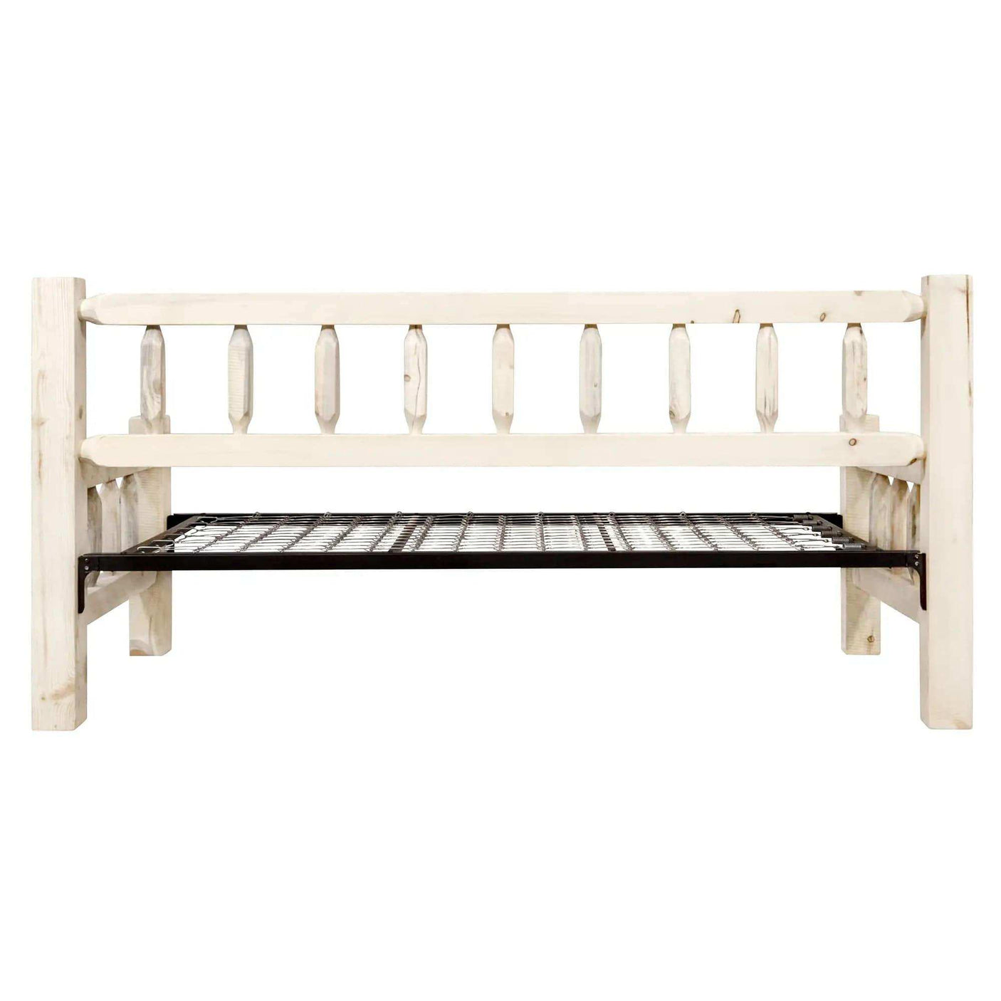Rustic wood daybed frame with clear lacquer finish and spindle backrest, Homestead Collection