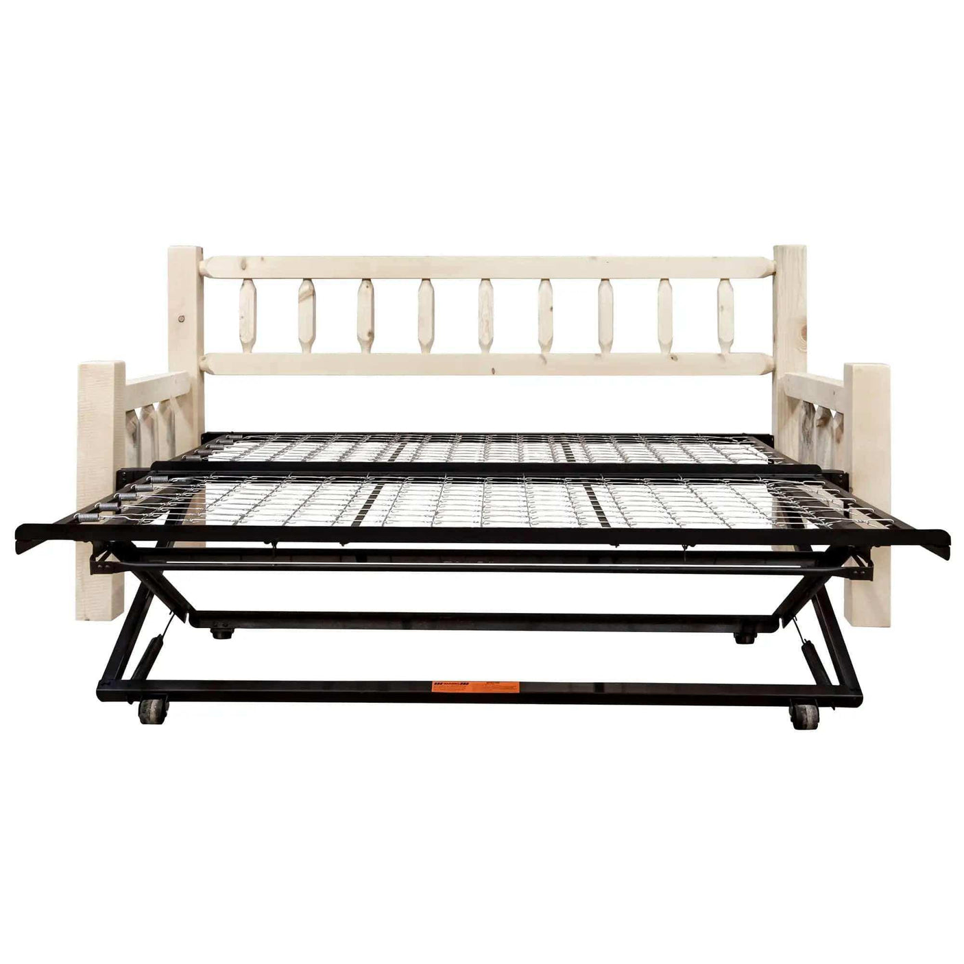 Homestead daybed with pop-up trundle, clear lacquer finish, wood frame, metal base