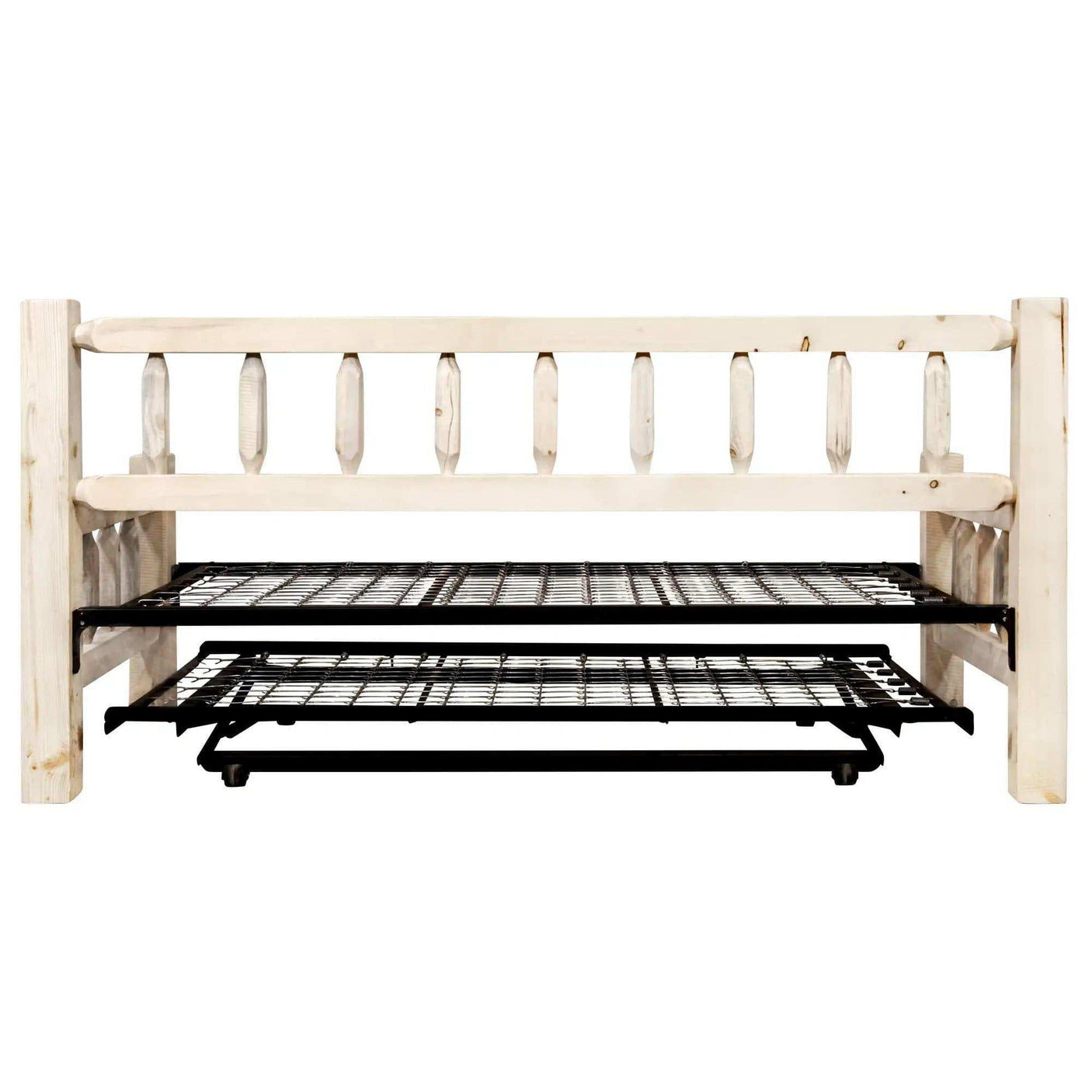 Homestead collection daybed with pop-up trundle, clear lacquer wood finish, metal frames