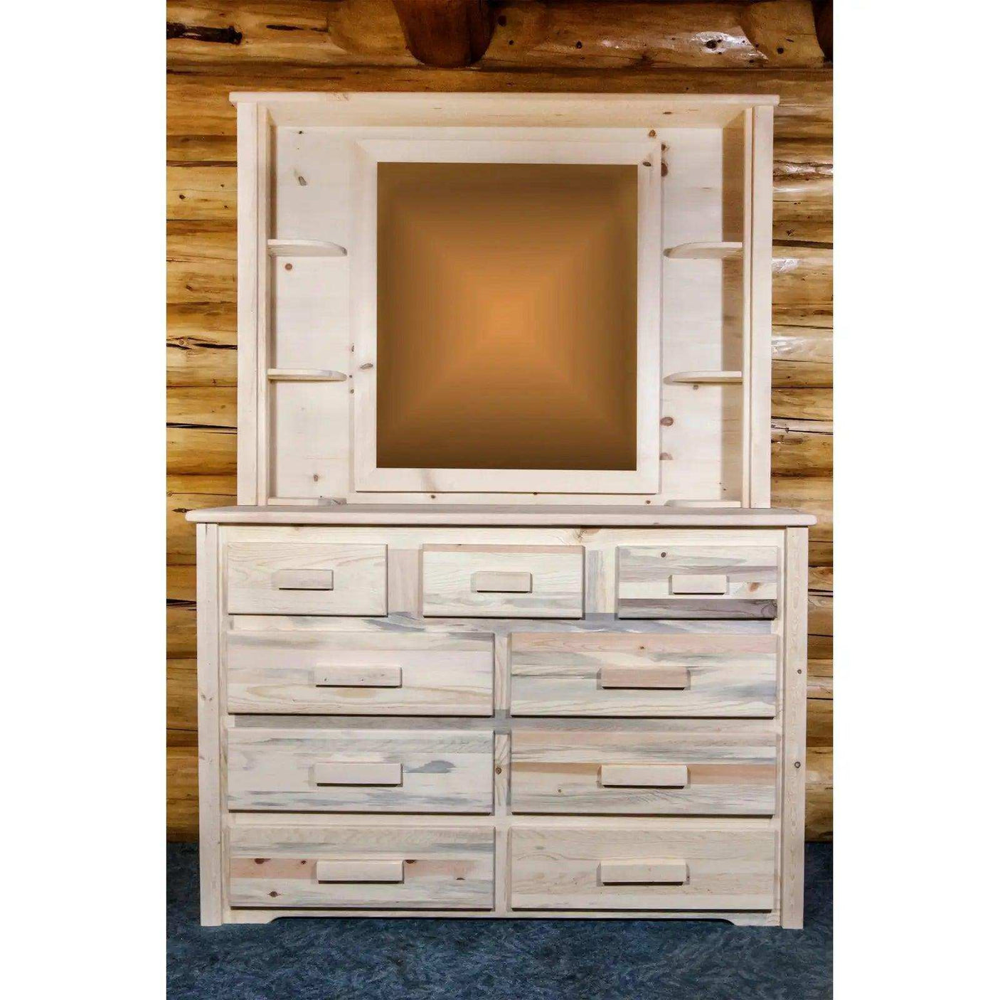 Rustic clear lacquer wood dresser with mirror and shelves in log cabin bedroom
