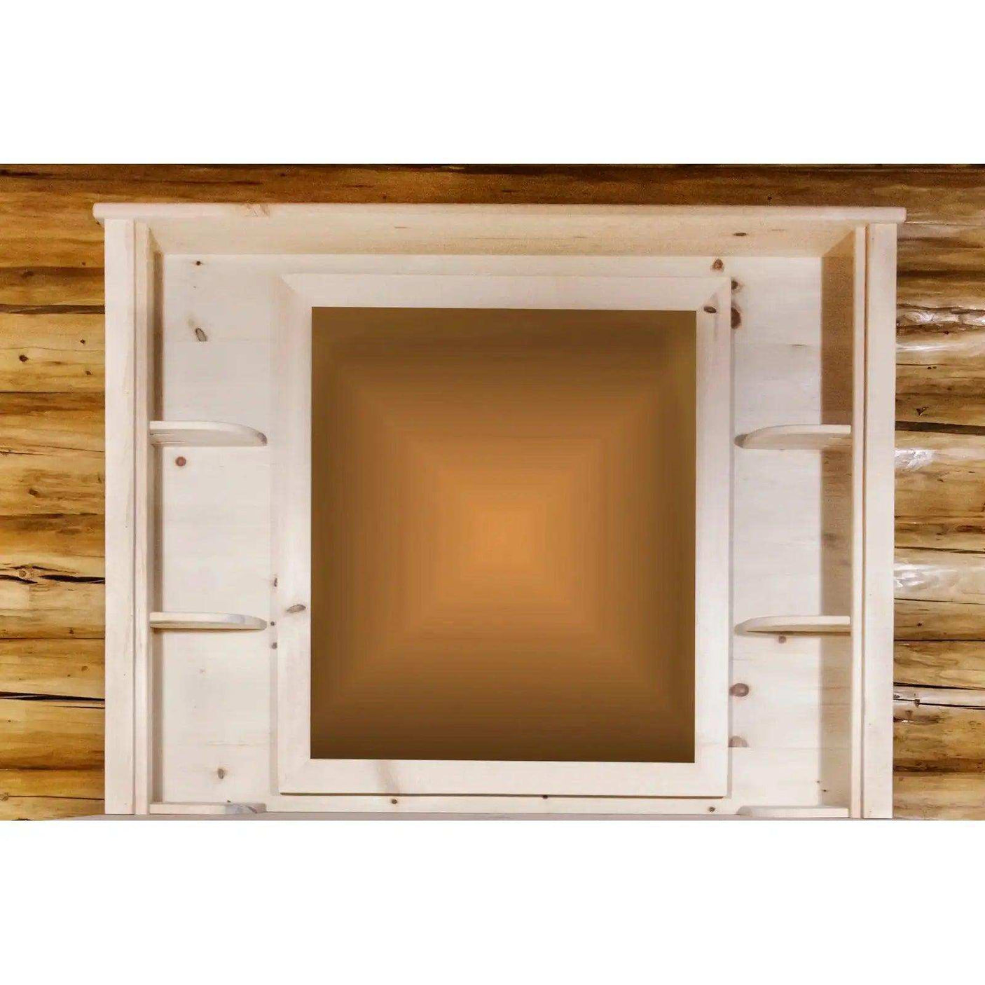 Rustic wood dresser mirror with side shelves, clear lacquer finish, log cabin wall