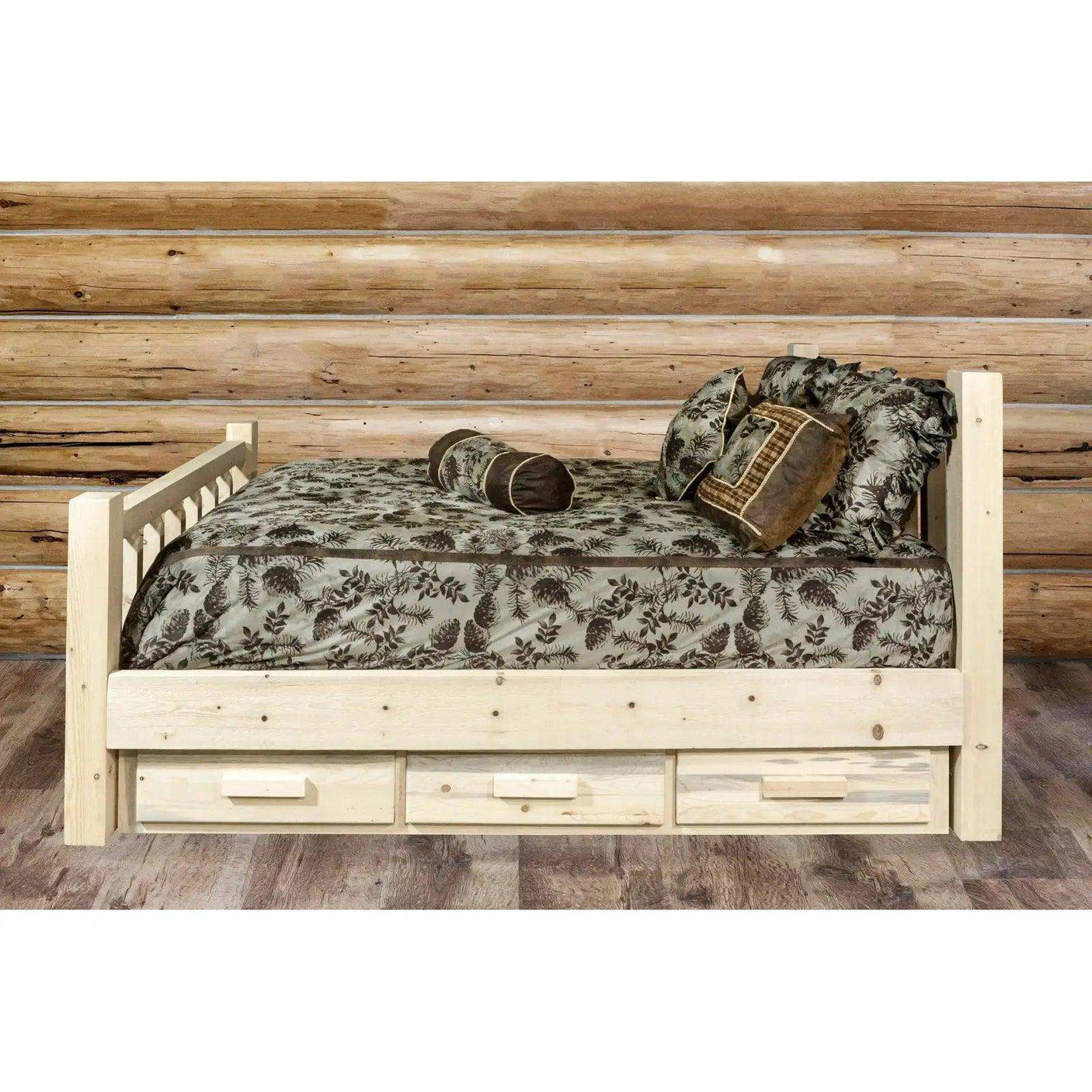 Rustic log cabin full bed with storage drawers, clear lacquer finish and leafy bedding