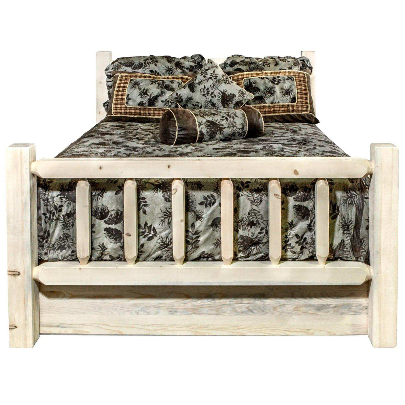 Rustic full bed with storage, clear lacquer finish, floral bedding, Homestead Collection